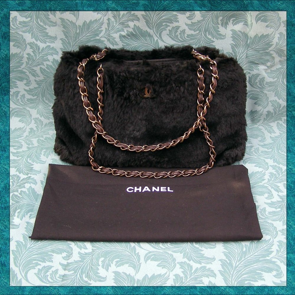 RARE CHANEL Black Fur Shoulder Bag Chain Straps CC